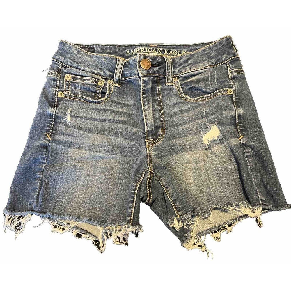 American Eagle Shorts SZ 2 Super Stretch Hi-Rise Shortie Denim Blue Distressed